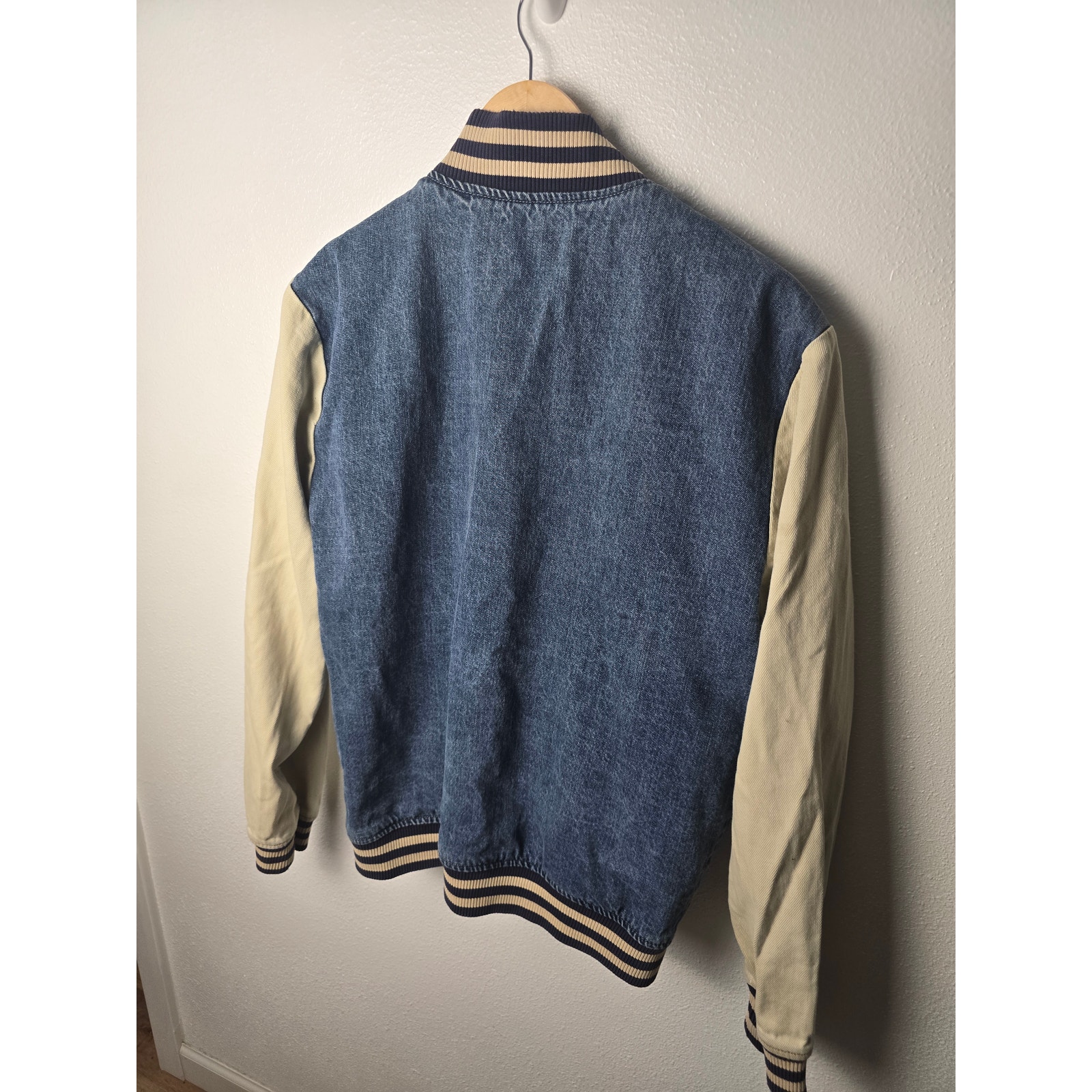 Pacsun Denim Varsity Bomber Jacket Mens M Blue Cream Snap Quilted Lined — image 3 of 4